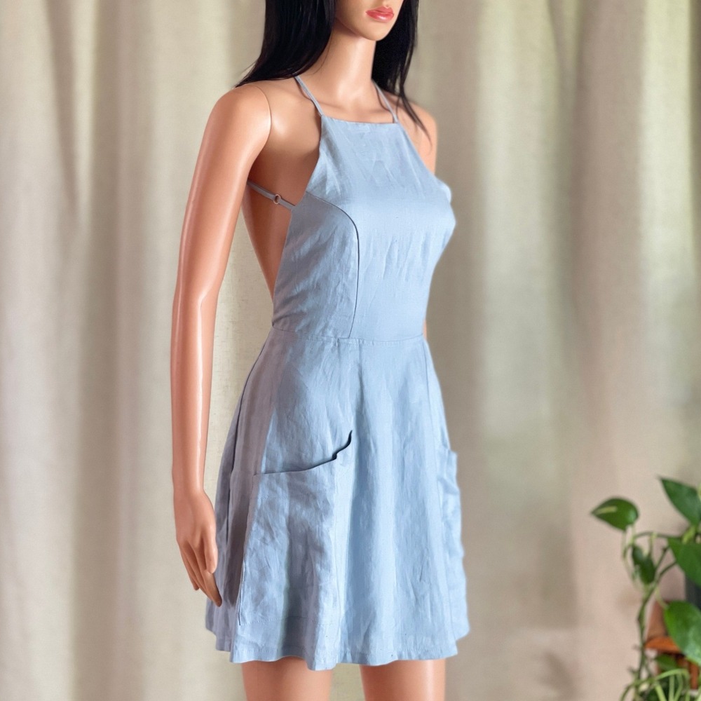 NWT Reformation Aurora Dress‎ Light Blue Linen Mini Open Back Cottagecore Size 0